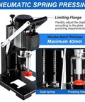 Manual hinge drilling machine for woodworking with pneumatic spring press, black metal construction, front view