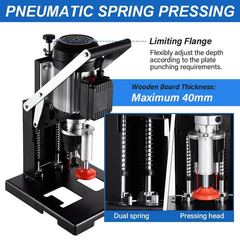 Manual hinge drilling machine for woodworking with pneumatic spring press, black metal construction, front view