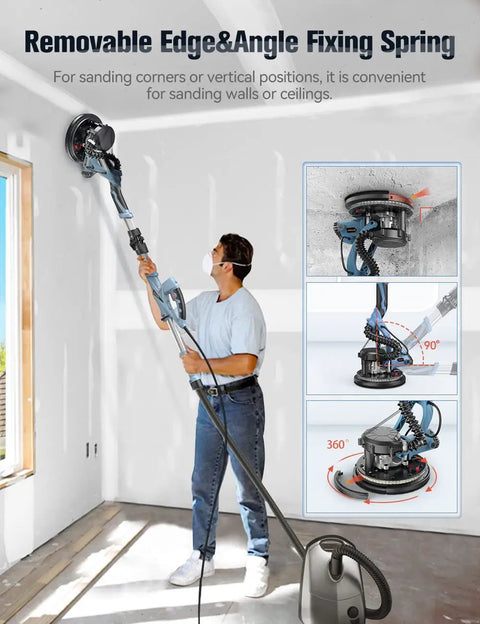 Drywall Sander With Auto Vacuum Dust Collection 800W Power Variable Speed 800 To 1800 RPM LED Work Lights in use on wall