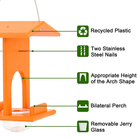 Diagram of Oriole Feeder For Outdoors Hanging All In One Recycled Plastic Bird Feeder With Removable Glass Cup showing features.