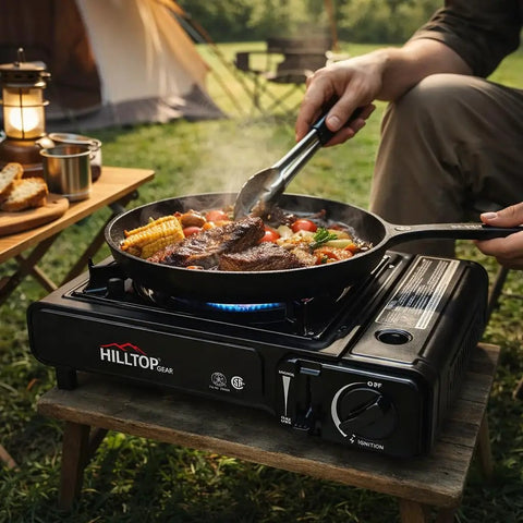 Person cooking on 8,000 BTU Portable Gas Stove With Carrying Case For Camping, Picnics, Hiking, Fishing And BBQ, CSA Listed