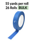 Blue Painter's Tape 1 Inch Wide Bulk Pack With 26 Rolls And 1,430 Yards Total shown with single roll unraveling.