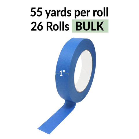 Blue Painter's Tape 1 Inch Wide Bulk Pack With 26 Rolls And 1,430 Yards Total shown with single roll unraveling.