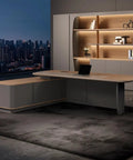 Slick L Shaped Computer Desk For Home Office Spacious Executive Workstation With Retro Modern Vibe, wooden and steel design, laptop on desk.
