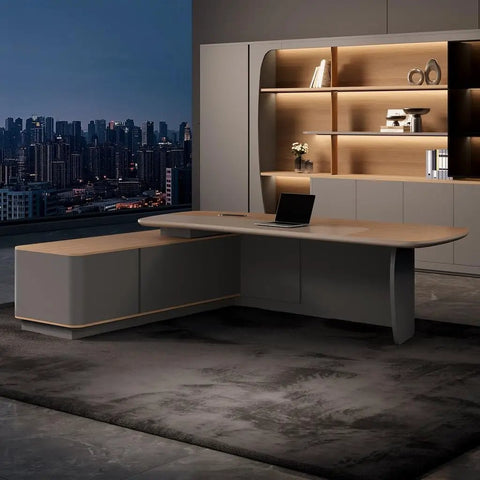 Slick L Shaped Computer Desk For Home Office Spacious Executive Workstation With Retro Modern Vibe, wooden and steel design, laptop on desk.