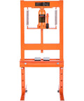 Heavy Duty 6 Ton H-Frame Hydraulic Shop Press For Garage Use, sturdy orange frame, adjustable height, ideal for auto repair.