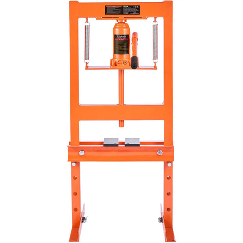 Heavy Duty 6 Ton H-Frame Hydraulic Shop Press For Garage Use, sturdy orange frame, adjustable height, ideal for auto repair.