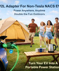 Essential Badass NACS V2L Adapter Turns Electric Rides Into Mobile Power Hubs for camping with people and tent.