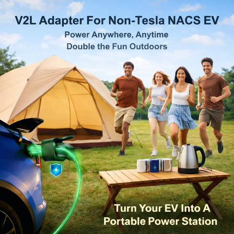 Essential Badass NACS V2L Adapter Turns Electric Rides Into Mobile Power Hubs for camping with people and tent.