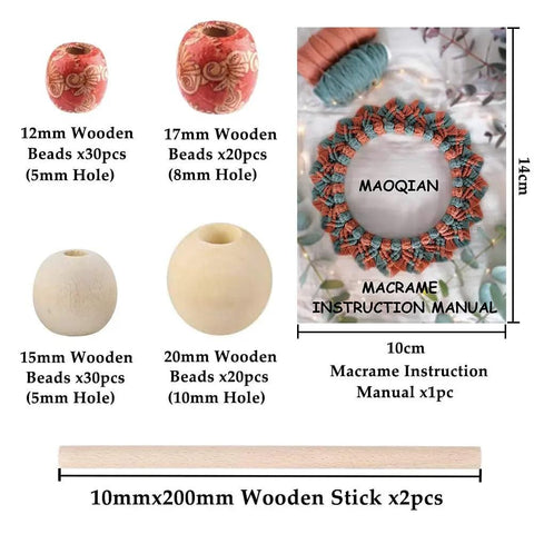 All In One Macrame Kit For Beginners With Natural Cotton Rope 3mm x 220 Yards includes instruction manual, wooden beads, sticks