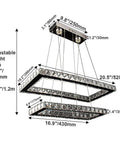 Lit LED Two Ring Rectangular Crystal Chandelier Pendant Light with dimensions and adjustable height in stainless steel