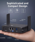Hand holding Dual Band WiFi 7 Travel Router With 2.5G Ethernet Ports And USB 3.0 Pocketable VPN Router With Touchscreen for travel.