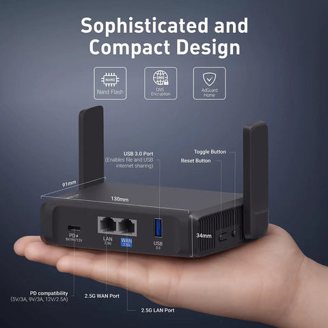 Hand holding Dual Band WiFi 7 Travel Router With 2.5G Ethernet Ports And USB 3.0 Pocketable VPN Router With Touchscreen for travel.