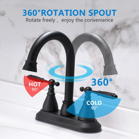 Matte Black 4 Inch Center Set Bathroom Faucet With 2 Handles, 360 Degree Swivel Spout shown in a bathroom setting.