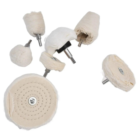 Chic 7-Piece Polishing Wheel Kit With Cotton Flannel Buffing Drill Attachments For Car Waxing And Metal Shining Easy To Use Multi-Shaped Set showing assorted buffing wheels.