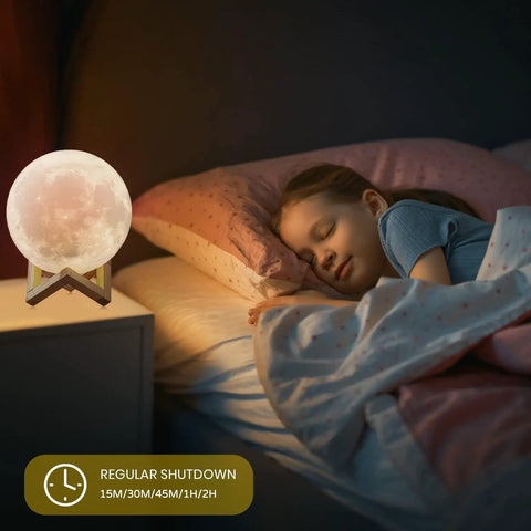 3D Moon Lamp Upgrade With 16 LED Colors, Remote And Touch Control on bedside, illuminating a sleeping child, 5.9 inch diameter