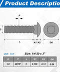 Technical drawing of Stainless Steel Carriage Bolt Kit 50 Sets One Quarter Twenty Thread Three Inch Round Head Square Neck Bolts