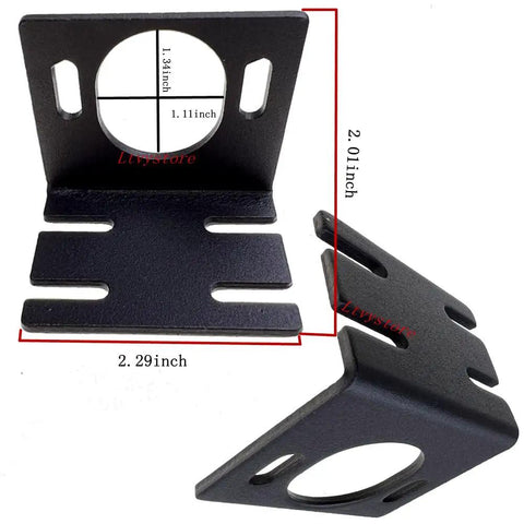 Black metal bracket for 12V Permanent Magnet DC Motor 30W 3500RPM with mounting holes, dimensions labeled 2.29x2.01 inches.