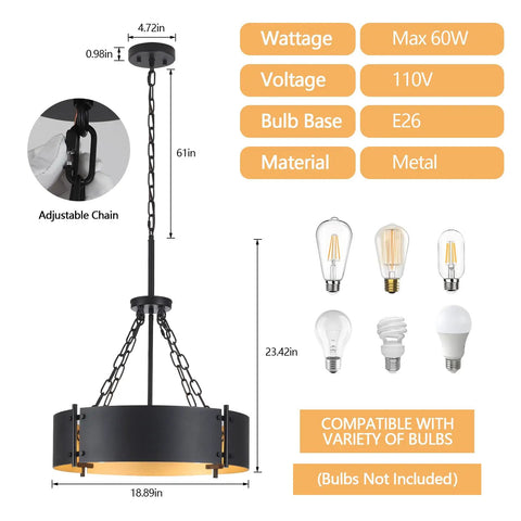 Modern Drum Chandelier With Four Lights In Black And Gold For Dining Room Farmhouse Industrial Pendant Lighting dimensions and bulb compatibility