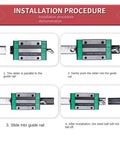 Installation procedure for Built Tough Hgr20 Square Linear Guide Rail Kit With Hgh20ca Mounted Carriage Blocks in four steps.