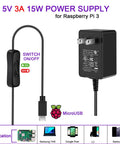 UL Listed Raspberry Pi Power Supply With Switch For Raspberry Pi 2, 3 And 3 B Plus, 5V 3A Micro USB, 15W, Easy On Off Toggle.