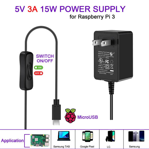 UL Listed Raspberry Pi Power Supply With Switch For Raspberry Pi 2, 3 And 3 B Plus, 5V 3A Micro USB, 15W, Easy On Off Toggle.