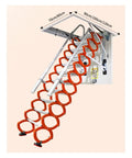Top Shelf Electric Pulldown Attic Ladder With Smooth Folding Loft Stairs No Fuss Roof Access Plus Heavy Duty Extension Kit view showing orange steps and frame.