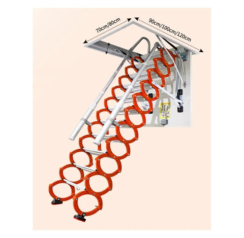 Top Shelf Electric Pulldown Attic Ladder With Smooth Folding Loft Stairs No Fuss Roof Access Plus Heavy Duty Extension Kit view showing orange steps and frame.