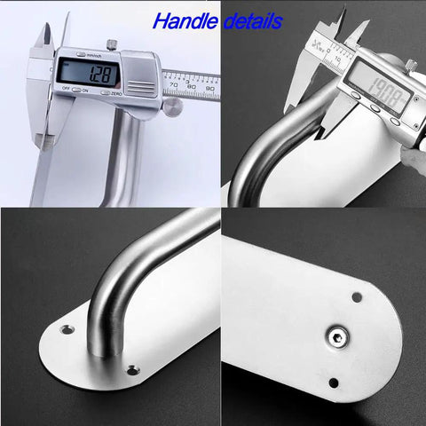 Stainless Steel Pull Push Door Handle 8 Inch D Style Plate Handle 2 Pack Beefy Heavy Duty Fire Door Access Back Plate Mounted Rust Resistant Sleek Modern Finish close-up with caliper measuring handle and back plate