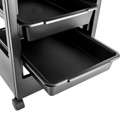 Close-up of two pullout drawers from a Professional 5 Tray Salon Rolling Cart With Smooth Gliding Wheels And Heaps Of Storage Space For Hair Stylists Seeking A No Fuss Setup And Reliable Organization Built To Rock Every Day.