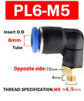 PL6-M5 6mm pneumatic elbow fitting for air tube, black connector with 4mm thread and 10mm opposite side