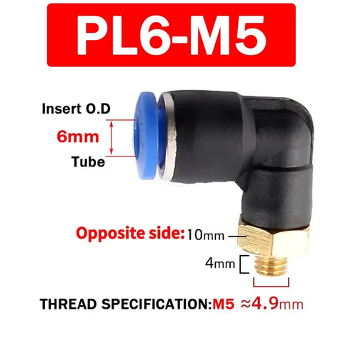 PL6-M5 6mm pneumatic elbow fitting for air tube, black connector with 4mm thread and 10mm opposite side