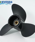 Black Aluminum Boat Propeller Eleven And Three Quarters By Seventeen Inches Right Hand Rotation Fits Johnson Evinrude Outboard Motors Forty HP Forty Eight HP Fifty HP Fifty Five HP With Thirteen Spline shown in side view