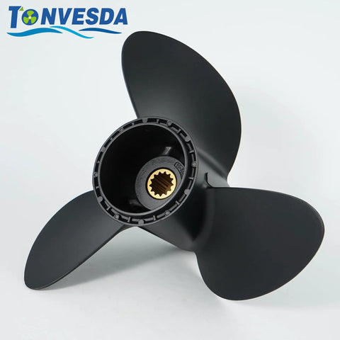 Black Aluminum Boat Propeller Eleven And Three Quarters By Seventeen Inches Right Hand Rotation Fits Johnson Evinrude Outboard Motors Forty HP Forty Eight HP Fifty HP Fifty Five HP With Thirteen Spline shown in side view
