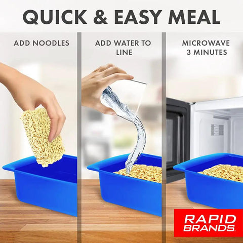 Ramen Microwave Cooker For Quick Bowls In Three Minutes Two Pack Black showing step-by-step use with noodles and water.