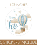40 Count Pink and Blue Hot Air Balloon Gender Reveal Stickers for Team He and Team She, 1.75 Inch Round Labels, "Team He" design