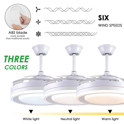 Modern 42-Inch Retractable Ceiling Fan With LED Lights And App Control shown with three light color options and six speed settings.