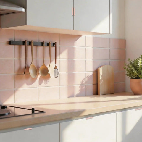 Modern kitchen with 4 Pack Self Adhesive Drawer Pulls Right Angle Aluminum Alloy Invisible Cabinet Handles 70mm Ballet Pink Dope Look