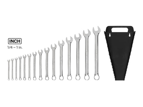 Beefy 15 Piece SAE Combination Wrench Set With Angled Open End For Tight Spaces 1/4 Inch To 1 Inch Sizes Plus Holder Shop Ready Gear For Your Home Garage Or Pro Shop