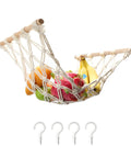 Hand-Woven Cotton Fruit Hammock With Hooks For Under-Cabinet Kitchen Storage holding bananas and produce
