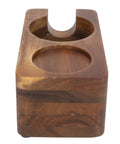 Rock Steady 58 Mm Coffee Tamper Stand With Solid Hardwood Portafilter Holder showcasing a sturdy wooden design for espresso.