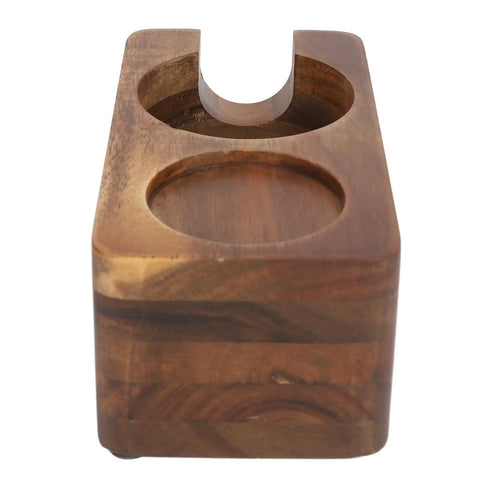 Rock Steady 58 Mm Coffee Tamper Stand With Solid Hardwood Portafilter Holder showcasing a sturdy wooden design for espresso.