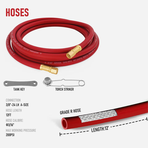 Red hose and accessories from Oxy Fuel Welding And Cutting Torch Kit With X-3B Air Acetylene System, B Type Regulator And Tips.