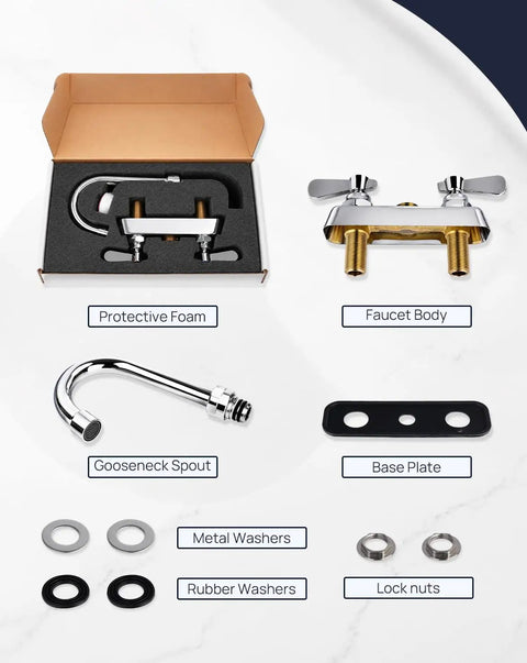 Heavy Duty Commercial Gooseneck Faucet Deck Mount Two Handle Solid Brass Build Chrome Finish Rust Resistant Kitchen Bath Sink Fixture Built Different For The Long Haul components in protective packaging.