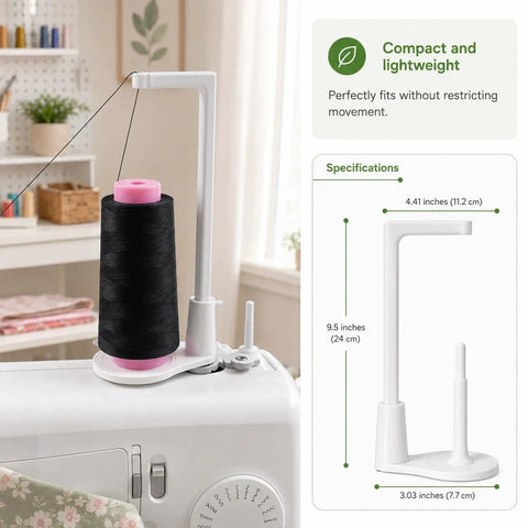 Heavy Duty Thread Spool Stand For Sewing Machines and Sweet White Cone Holder with black thread, compact design next to sewing machine.
