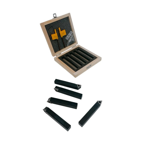 Rock Solid Set of Five 1/2 Inch Indexable Carbide Lathe Turning Tool Bits With Chip Breaker Inserts For Precision Metalworking And Heavy Duty DIY Projects Right Left Threading Plus Angled Styles in wooden box with five tools