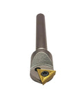 Chamfering tool bit on a 1/2-inch shank boring bar with a gold TCMT32.51 carbide insert for steel