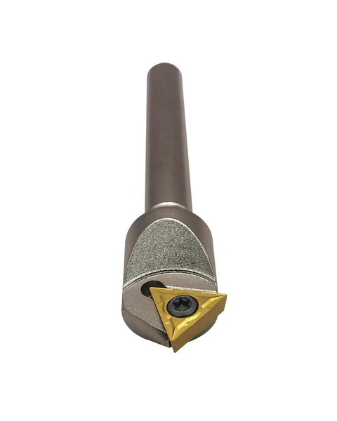 Chamfering tool bit on a 1/2-inch shank boring bar with a gold TCMT32.51 carbide insert for steel