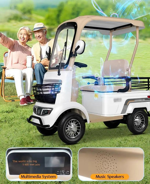 Heavy Duty Four Wheel Electric Golf Cart With 800W Motor And Built In Reverse Camera delivering zippy 12 mph cruising and music speakers.