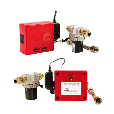 Smart Gas Stove Auto Shut Off Device With Integrated Smoke Sound Detector For Kitchen Fire Prevention Senior Parent Safety And Household Protection Game Changer Totally Foolproof One Half Inch Gas Line Compatible with red housing and stainless components.